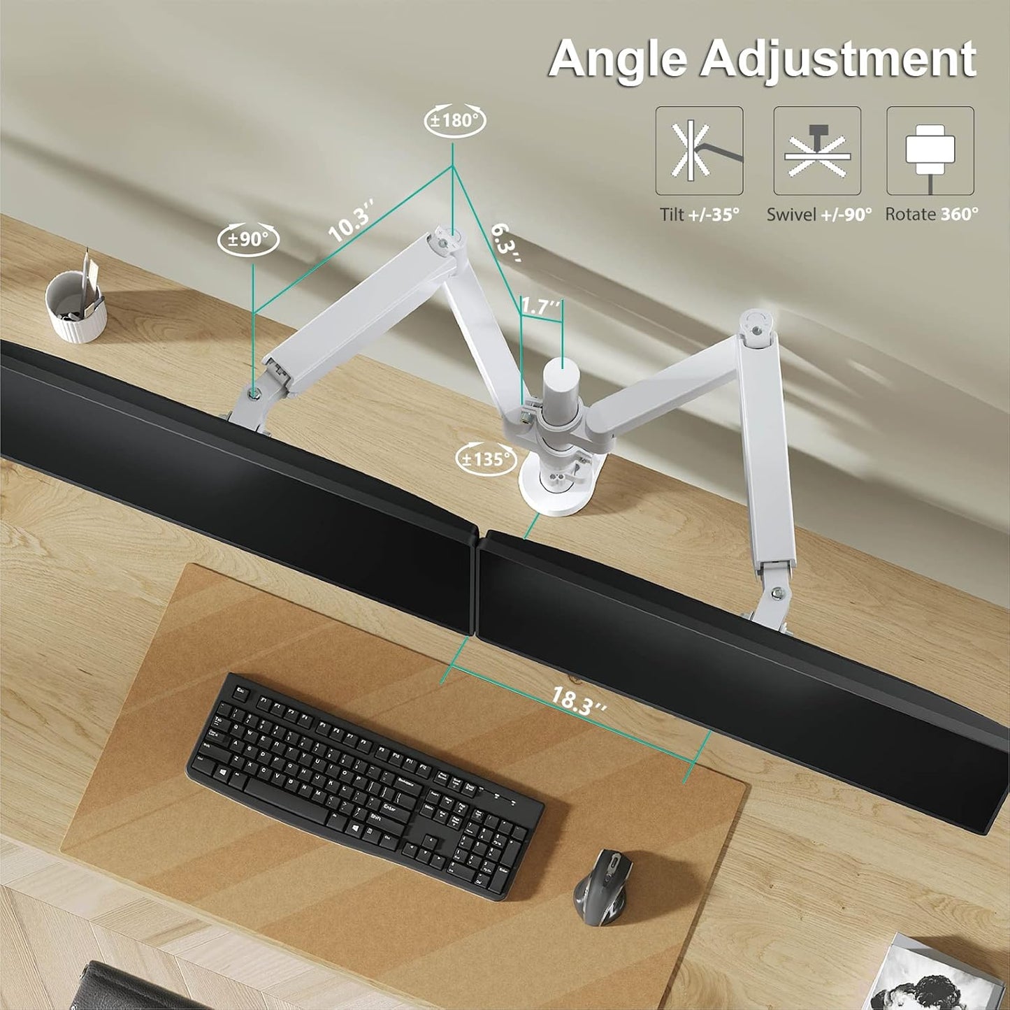 Dual Monitor Mount, Adjustable Gas Spring Arms Desk Mount for 2 Monitors up to 32 Inch, 17.6Lbs Weight Capacity, Mounting Holes 75 X 75Mm or 100 X 100Mm (GSDM002W), White