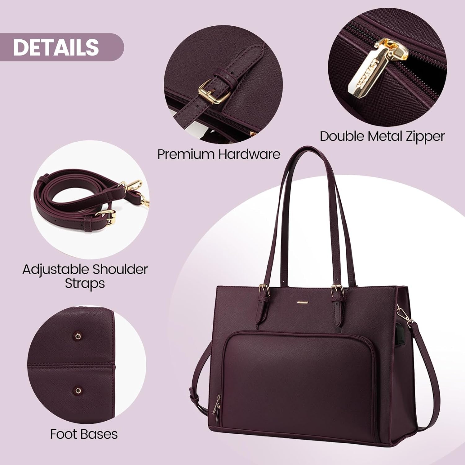 Laptop Bag for Women 15.6 Inch Waterproof Work Tote Bag Briefcase with USB Charging Port PU Leather Computer Handbag Shoulder Bag Large Professional Teacher Bag for Travel Business School