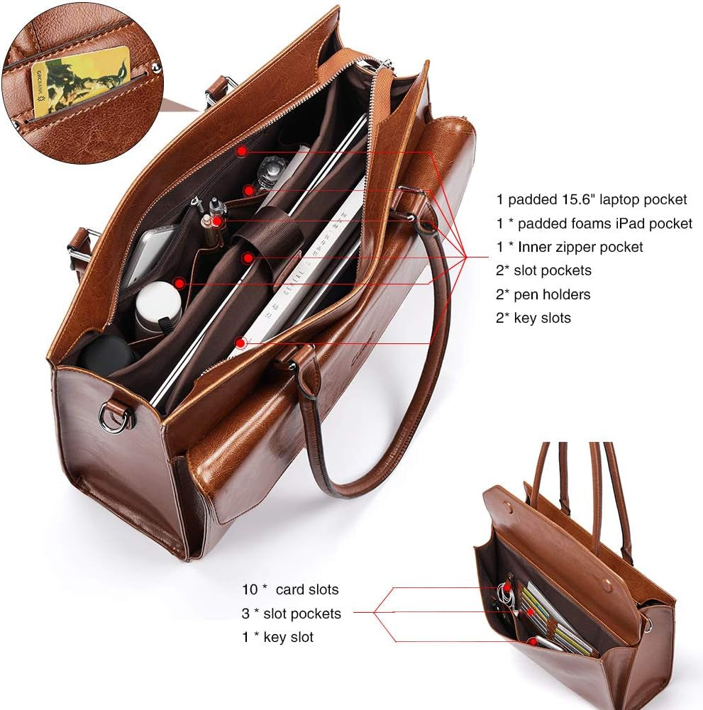 Briefcase for Women Oil Wax Leather Business 15.6 Inch Laptop Handbag Vintage Slim Large Shoulder Work Bag