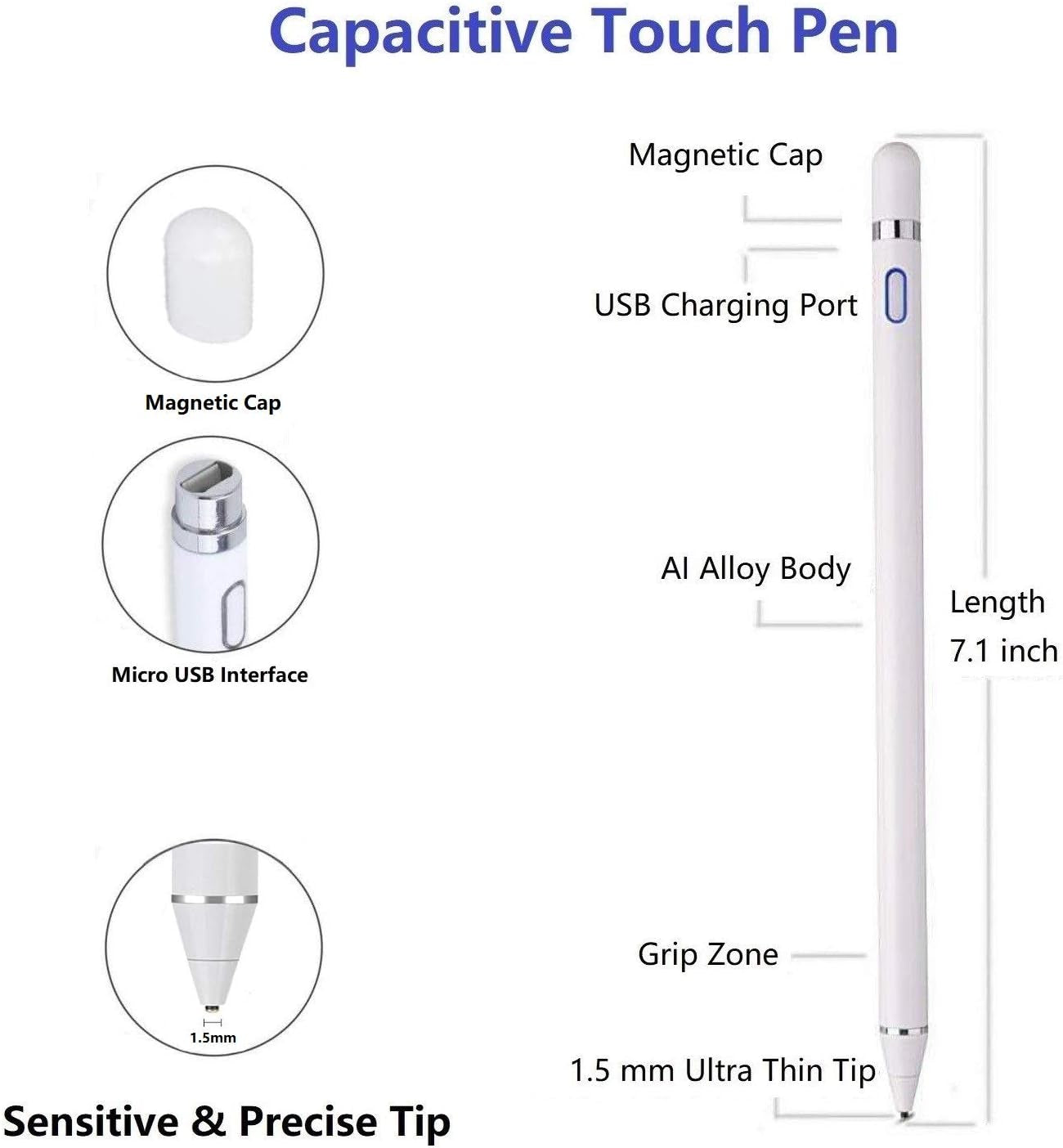 Stylus Pens for Touch Screens, Active Digital Pencil Compatible with Ipad/Ipad Pro/Air/Mini/Iphone/Other Tablet Drawing&Writing (White)