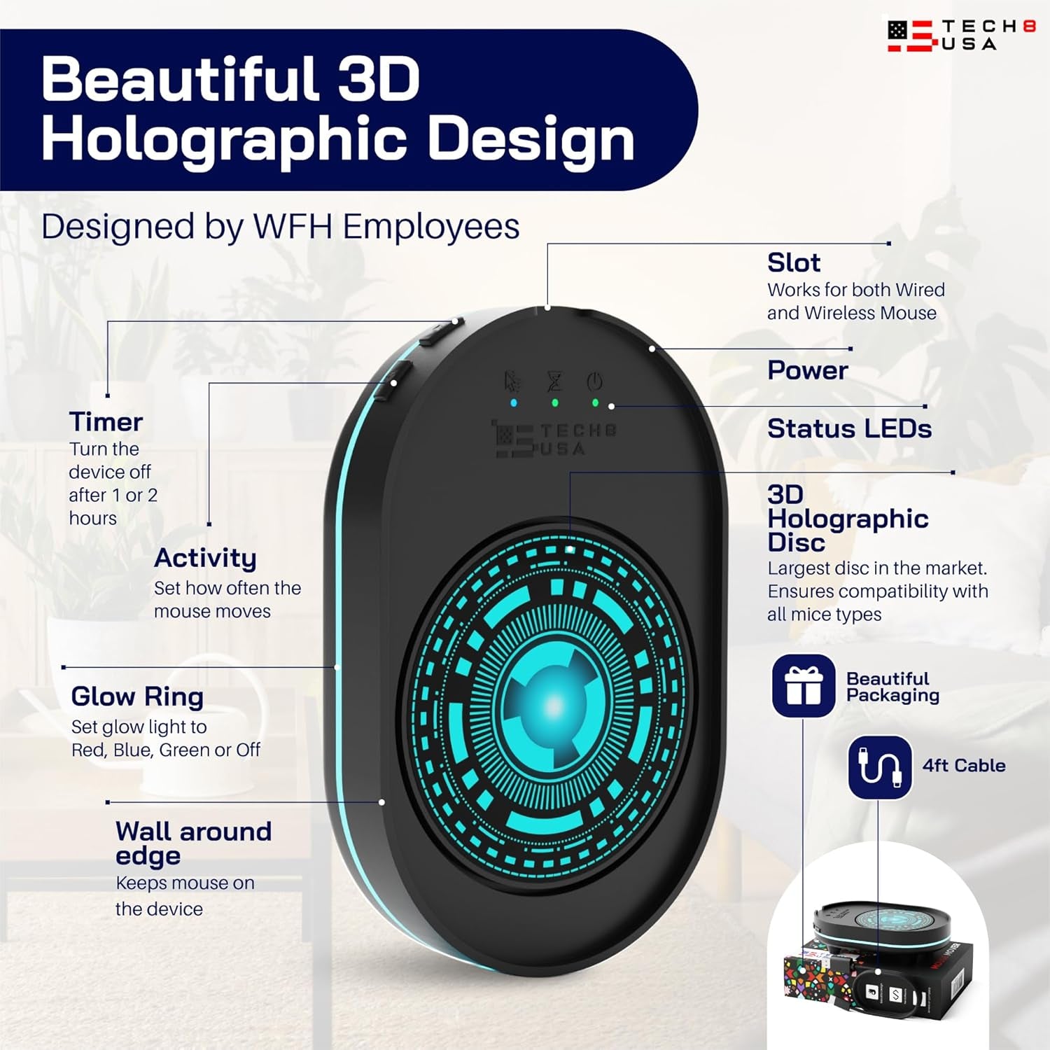 Mouse Mover Device, Undetectable Mouse Jiggler for Laptops, PC, No Software, Random Movement, Patented, Designed, Engineered, Packaged in USA - 3D Hologram Alien