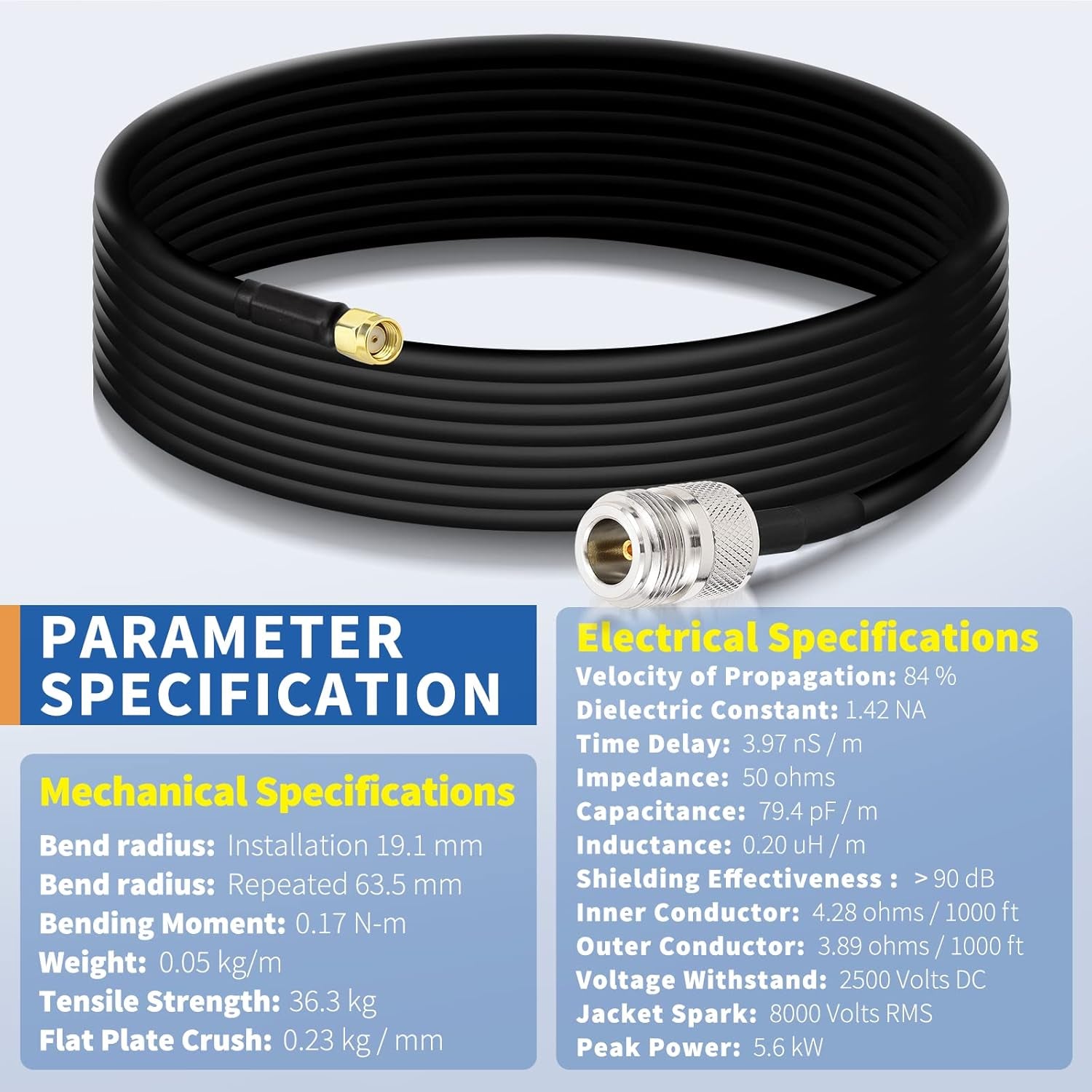 N Female to RP-SMA Male Pure Copper Low Loss Coaxial Cable 10Ft Compatible with 4G Wifi Cellular LTE Amplifier Extender Transceivers Phone Signal Booster Lora Surge Arrester Cables