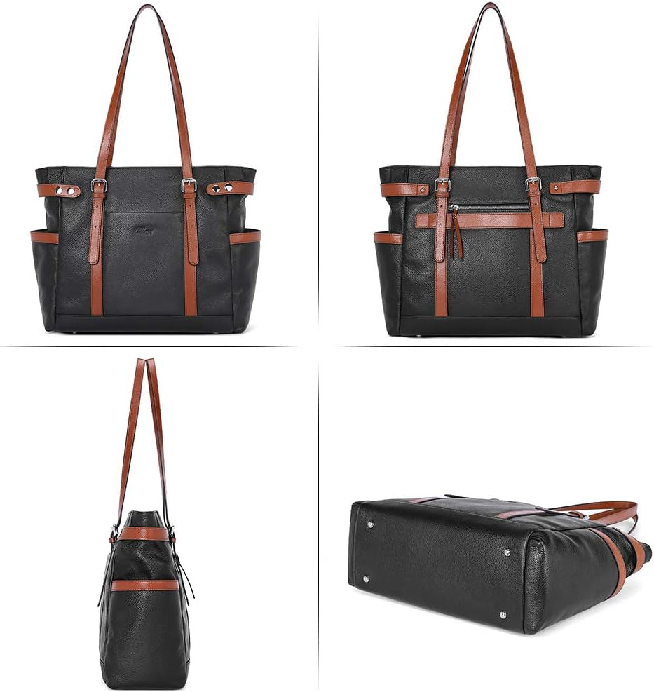 Laptop Totes for Women Genuine Leather Briefcase Large Ladies Shoulder Bag Work Handbags 15.6 Inch Black with Brown
