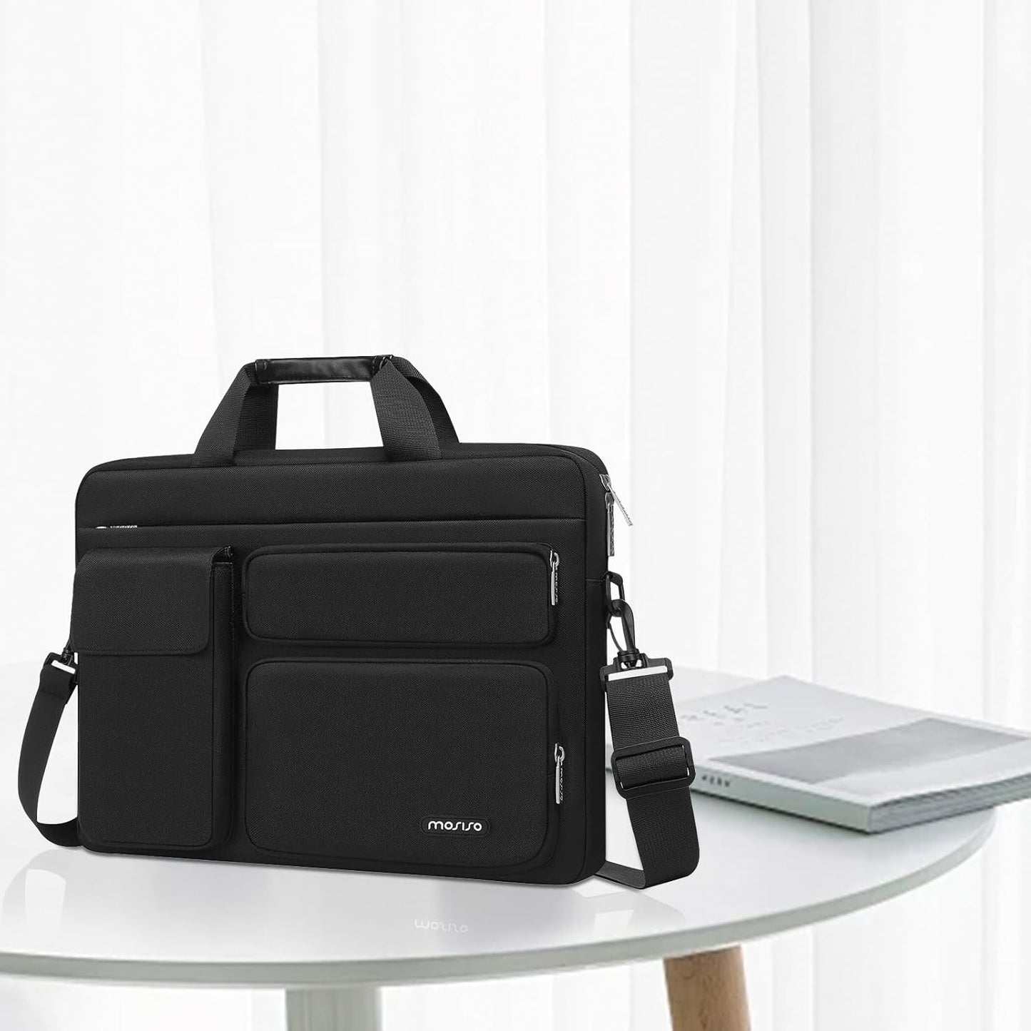 Laptop Shoulder Bag, Computer Bag with 2 Raised&1 Flapover&1 Horizontal Pocket&Handle&Belt