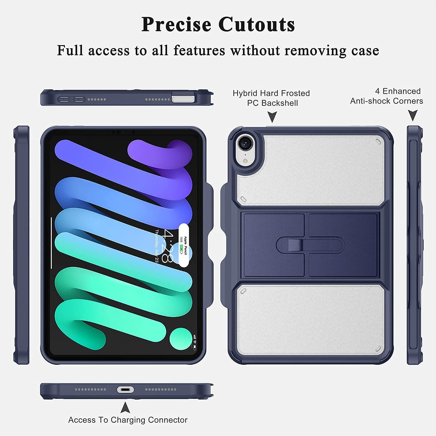 Case for New Ipad Mini 6Th Generation 2021 with Pencil Holder-[Full-Body Protection + 2Nd Gen Apple Pencil Charging],Translucent Frosted Back Cover for Ipad Mini 6 8.3 Inch(Navy)
