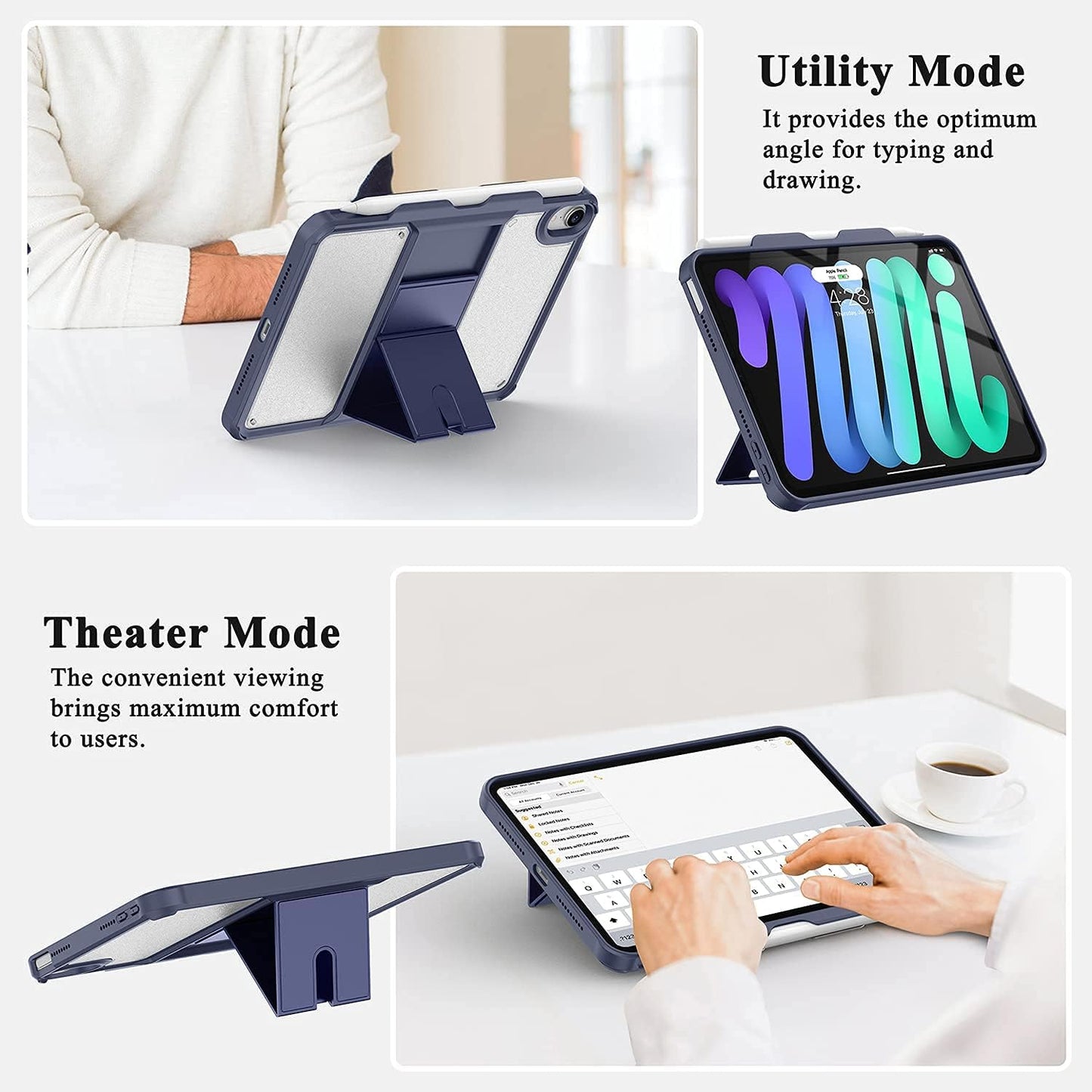 Case for New Ipad Mini 6Th Generation 2021 with Pencil Holder-[Full-Body Protection + 2Nd Gen Apple Pencil Charging],Translucent Frosted Back Cover for Ipad Mini 6 8.3 Inch(Navy)