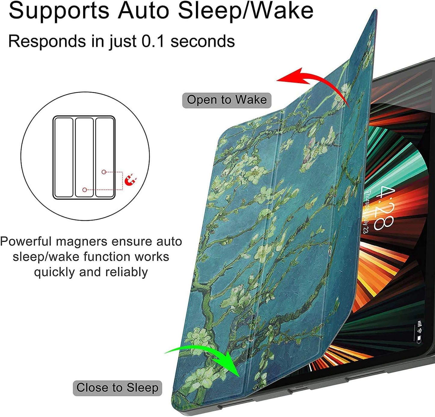 Ipad Pro 12.9 Case 2021/2022 5Th/6Th Generation with Pencil Holder,Slim Lightweight Trifold Stand Case【Pencil Charging+Auto Sleep/Wake】 Soft TPU Back Cover for Ipad Pro 12.9-Apricot Blossom