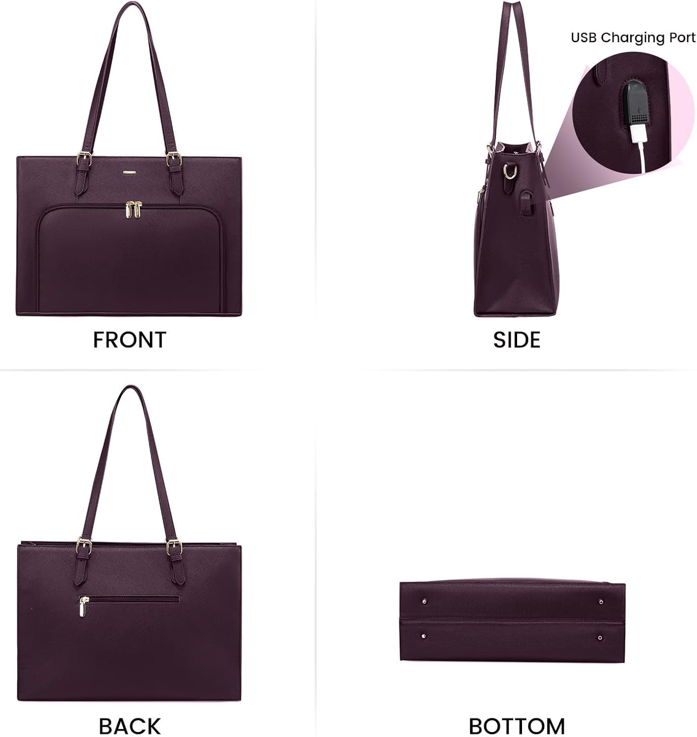 Laptop Bag for Women 15.6 Inch Waterproof Work Tote Bag Briefcase with USB Charging Port PU Leather Computer Handbag Shoulder Bag Large Professional Teacher Bag for Travel Business School