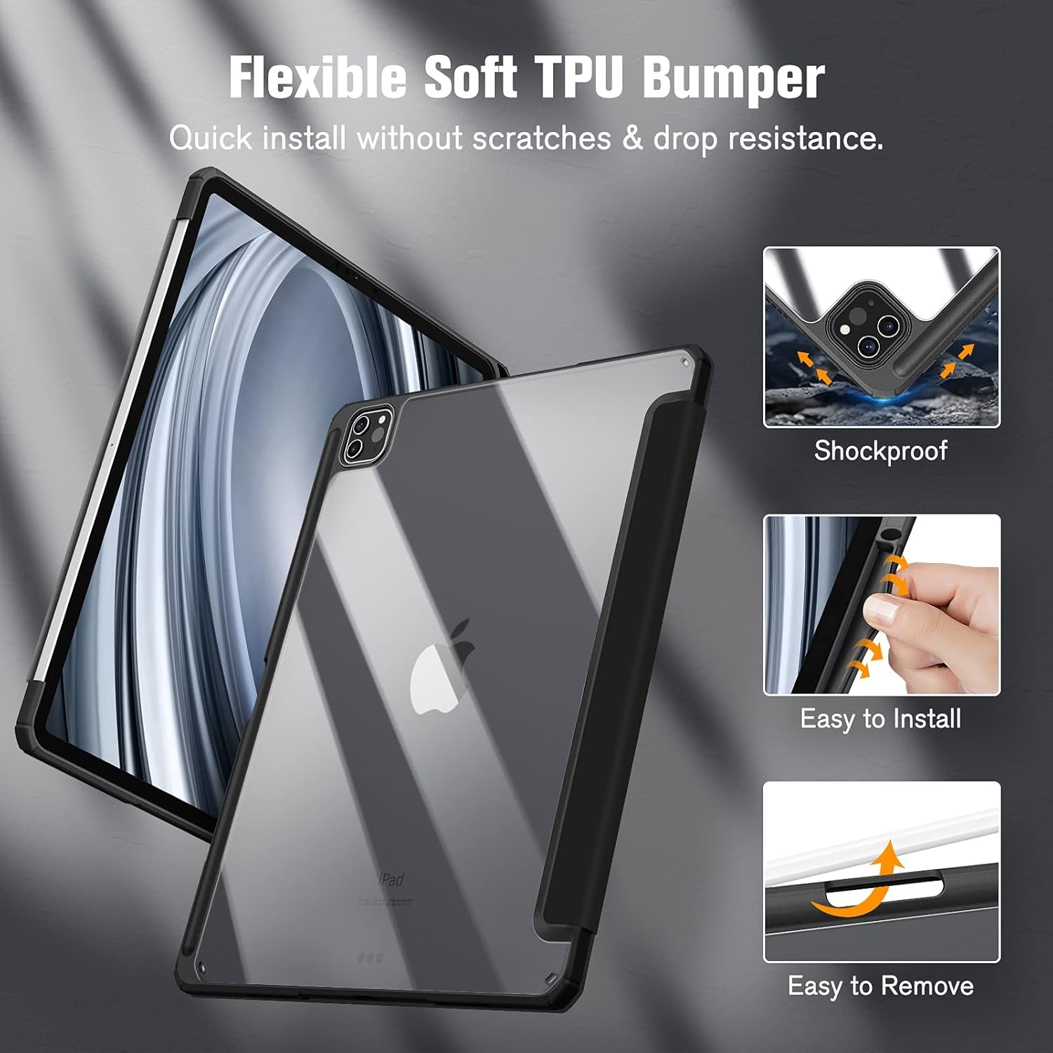 Hybrid Slim Case for Ipad Pro 12.9-Inch 6Th Generation 2022, [Built-In Pencil Holder] Shockproof Cover W/Clear Transparent Back Shell, Also Fit Ipad Pro 12.9" 5Th/4Th/3Rd Gen, Black
