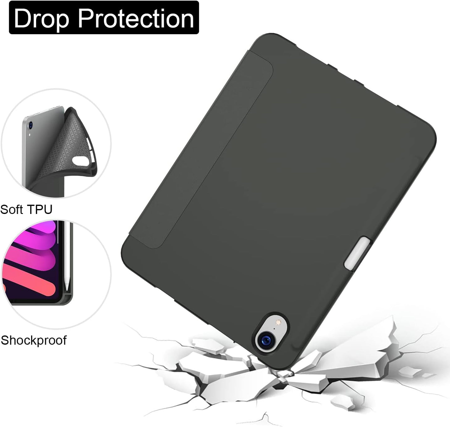 for Ipad Mini 7 A17 Pro Case 2024,Ipad Mini 6 Case 2021 with Pencil Holder-[Shockproof Protection + Auto Sleep/Wake], Soft TPU Back Cover for Ipad Mini 7Th/6Th Generation 8.3 Inch,Darkgrey