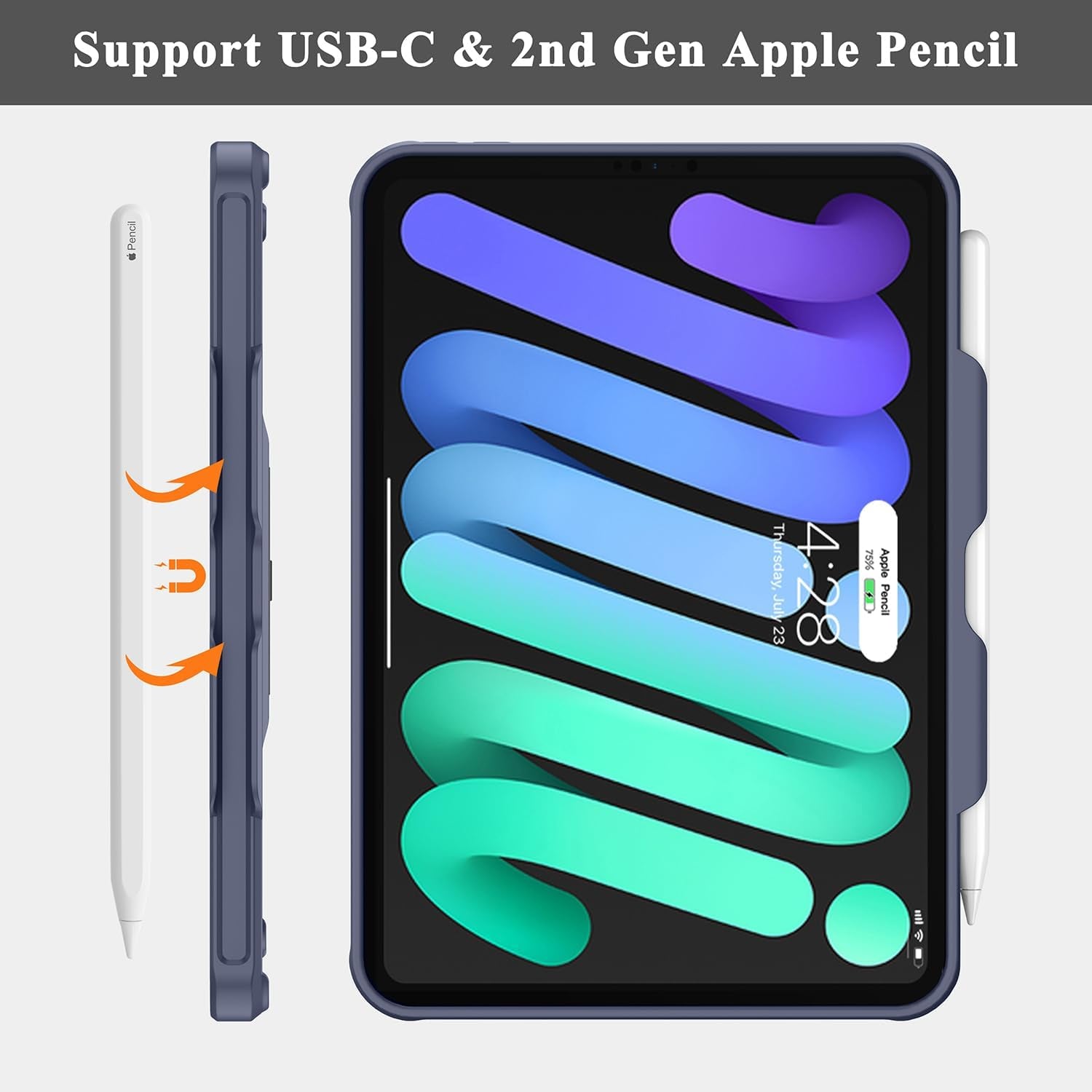 Case for New Ipad Mini 6Th Generation 2021 with Pencil Holder-[Full-Body Protection + 2Nd Gen Apple Pencil Charging],Translucent Frosted Back Cover for Ipad Mini 6 8.3 Inch(Navy)