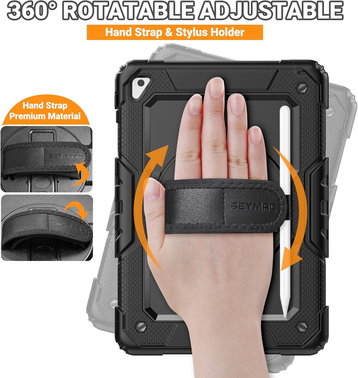 for Ipad 6Th/5Th Generation Case 9.7 Inch, Full-Body Shockproof Heavy Duty Protective Case with Screen Protector, Rotating Stand/Hand/Shoulder Strap for Ipad Air 2/ Pro 9.7, Black