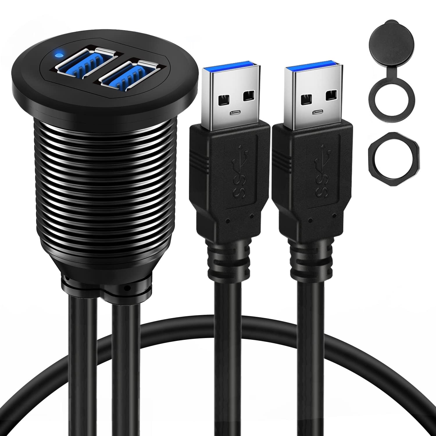 Alloy Dual Port USB 3.0 Car Dashboard Flush Mount Cable, Male to Female with LED Indicator Extension Cable for Car Truck Boat Motorcycle Dashboard Panel - 3Ft