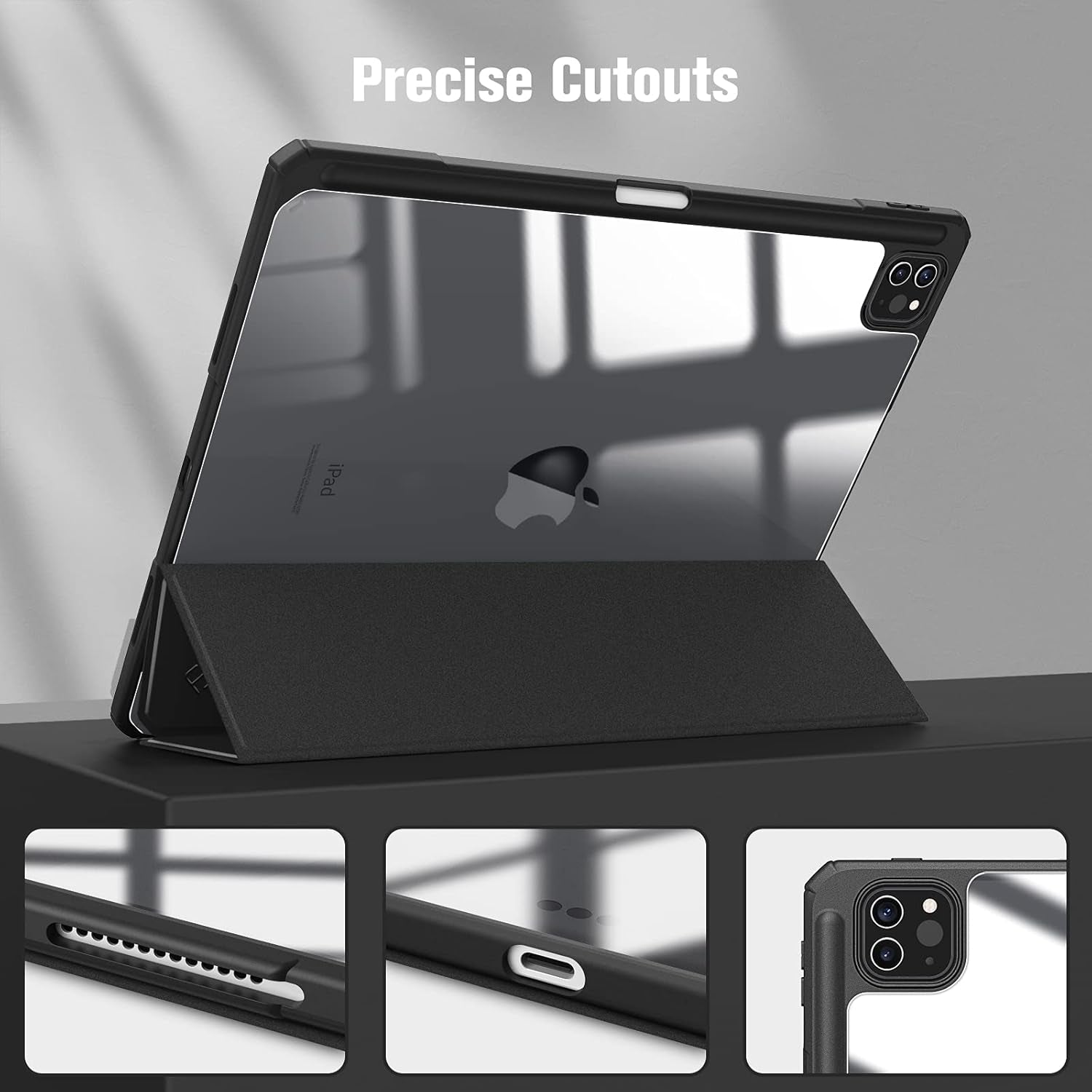 Hybrid Slim Case for Ipad Pro 12.9-Inch 6Th Generation 2022, [Built-In Pencil Holder] Shockproof Cover W/Clear Transparent Back Shell, Also Fit Ipad Pro 12.9" 5Th/4Th/3Rd Gen, Black
