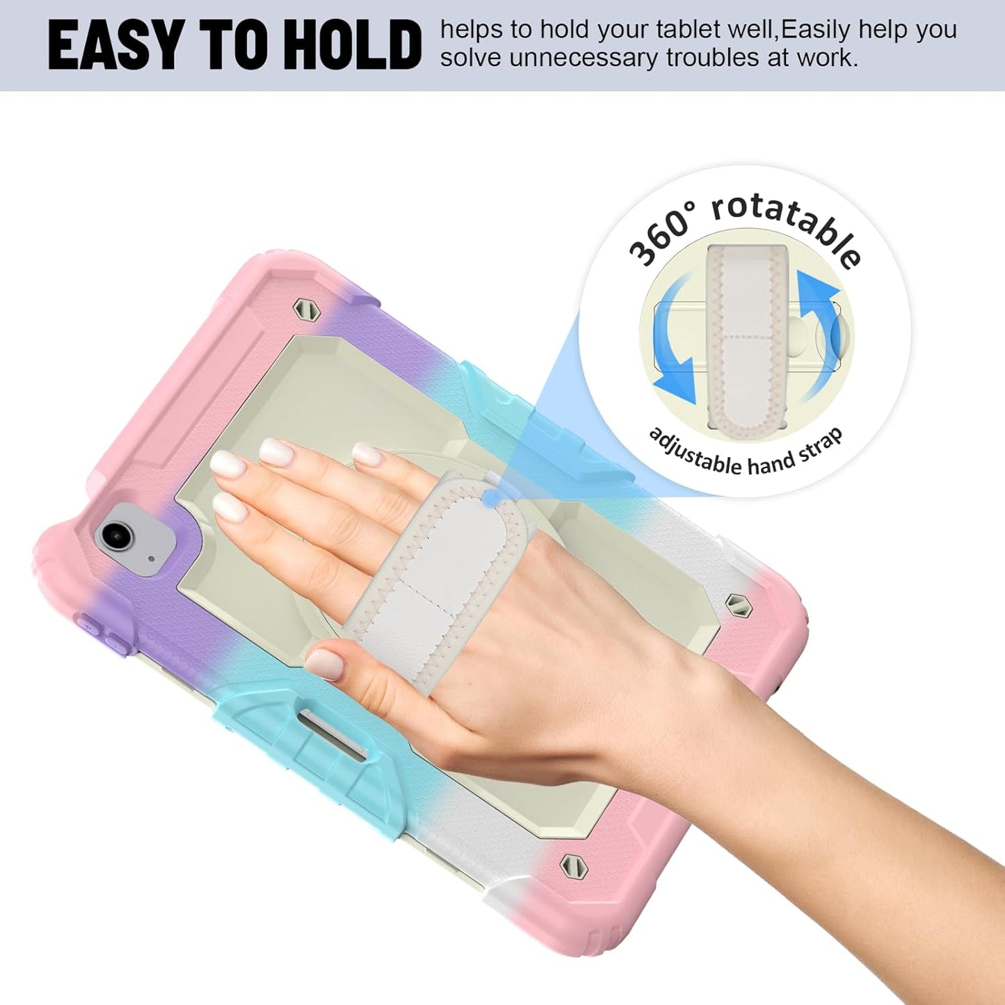 Case for Ipad Air 5Th/4Th Generation (2022/2020) 10.9-Inch, [Shockproof] Full Body Protective Case with 9H Tempered Glass Screen Protector, Rotatable Kickstand & Hand Strap (Light Pink)