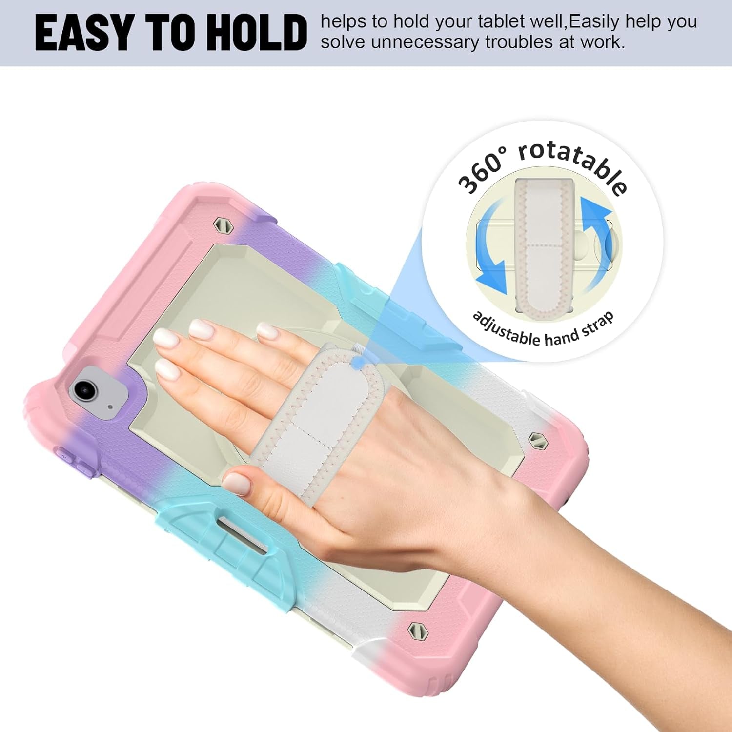 Case for Ipad Air 5Th/4Th Generation (2022/2020) 10.9-Inch, [Shockproof] Full Body Protective Case with 9H Tempered Glass Screen Protector, Rotatable Kickstand & Hand Strap (Light Pink)