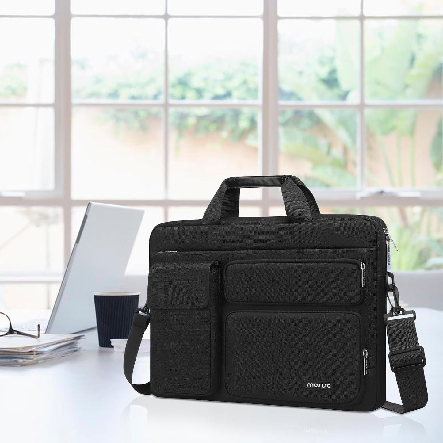 Laptop Shoulder Bag, Computer Bag with 2 Raised&1 Flapover&1 Horizontal Pocket&Handle&Belt