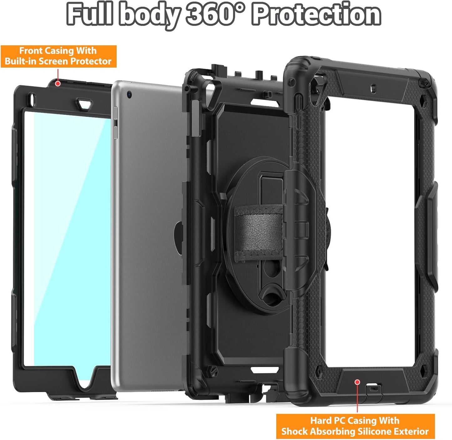 for Ipad 6Th/5Th Generation Case 9.7 Inch, Full-Body Shockproof Heavy Duty Protective Case with Screen Protector, Rotating Stand/Hand/Shoulder Strap for Ipad Air 2/ Pro 9.7, Black
