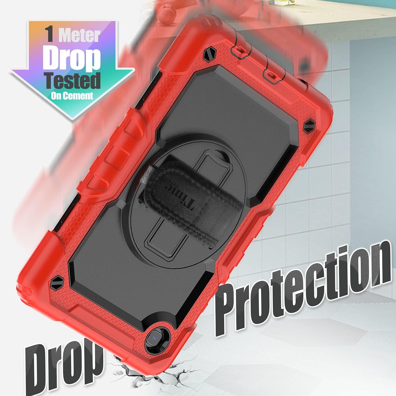 Case for Samsung Galaxy Tab A7 Lite 8.7'' 2021 (SM-T220/T225/T227), Full-Body Shockproof Protection Case with Screen Protector & 360 Rotating Stand Hand Strap - Red