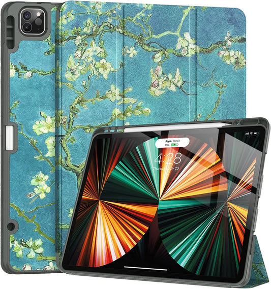 Ipad Pro 12.9 Case 2021/2022 5Th/6Th Generation with Pencil Holder,Slim Lightweight Trifold Stand Case【Pencil Charging+Auto Sleep/Wake】 Soft TPU Back Cover for Ipad Pro 12.9-Apricot Blossom