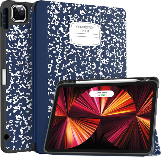 for Ipad Pro 11 Case (M2) 2022/2021/2020 with Pencil Holder - [Full Body Protection + Apple Pencil Charging + Auto Wake/Sleep], Soft TPU Back Cover for 2022 Ipad Pro 11 Inch(B-Book Navy)