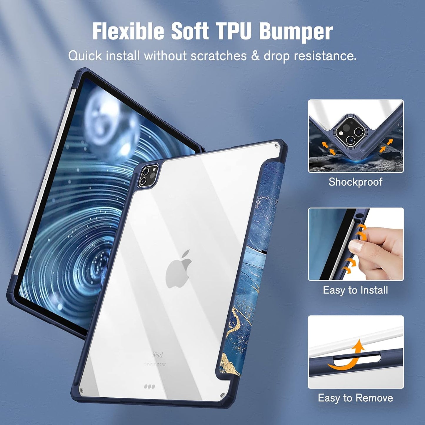 Hybrid Slim Case for Ipad Pro 12.9-Inch 6Th Generation 2022, [Built-In Pencil Holder] Shockproof Cover W/Clear Transparent Back Shell, Also Fit Ipad Pro 12.9" 5Th/4Th/3Rd Gen, Ocean Marble