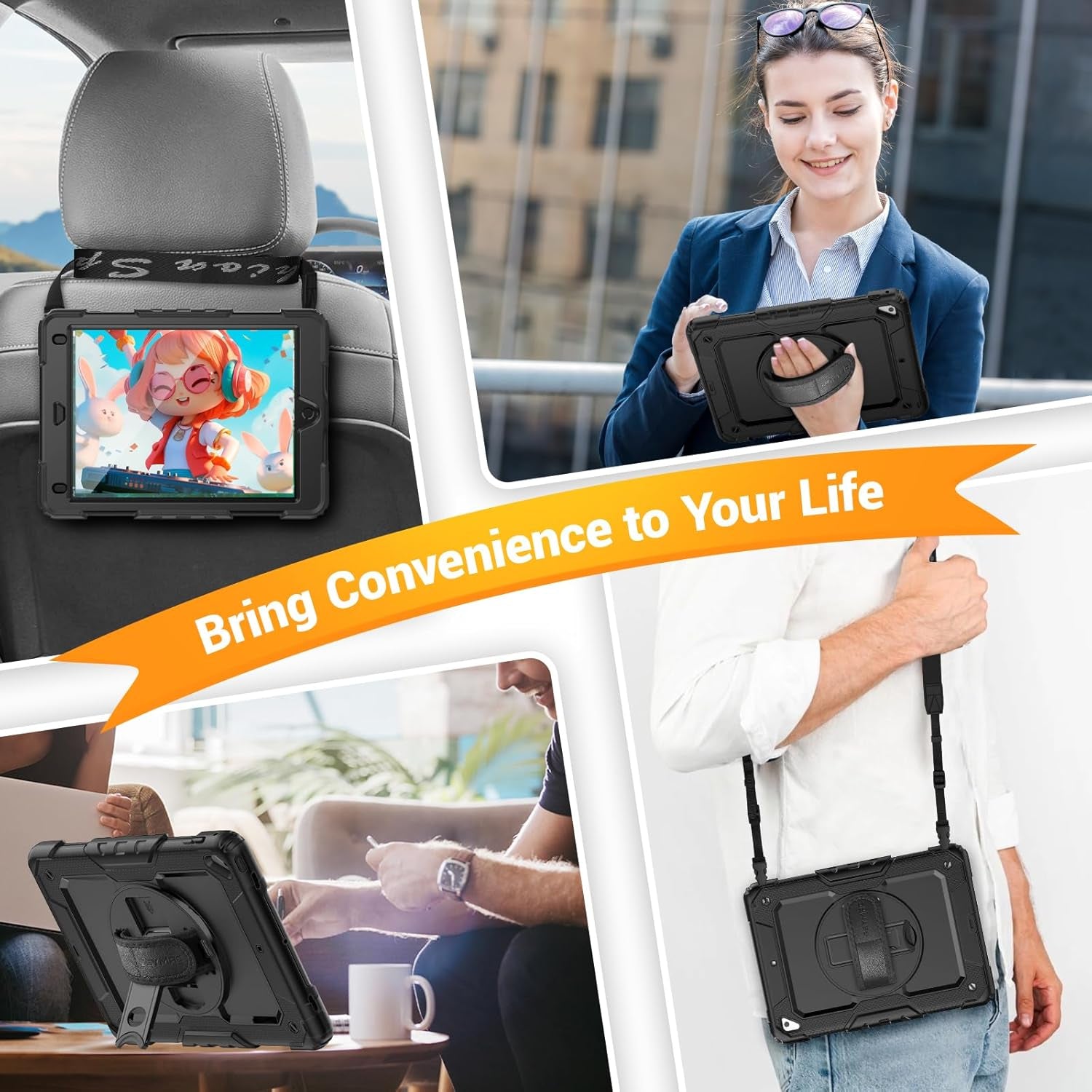 for Ipad 6Th/5Th Generation Case 9.7 Inch, Full-Body Shockproof Heavy Duty Protective Case with Screen Protector, Rotating Stand/Hand/Shoulder Strap for Ipad Air 2/ Pro 9.7, Black