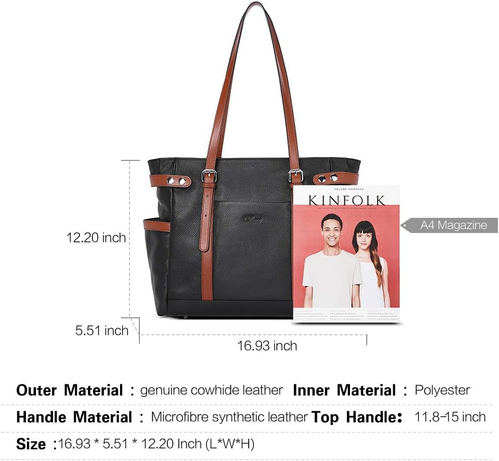 Laptop Totes for Women Genuine Leather Briefcase Large Ladies Shoulder Bag Work Handbags 15.6 Inch Black with Brown