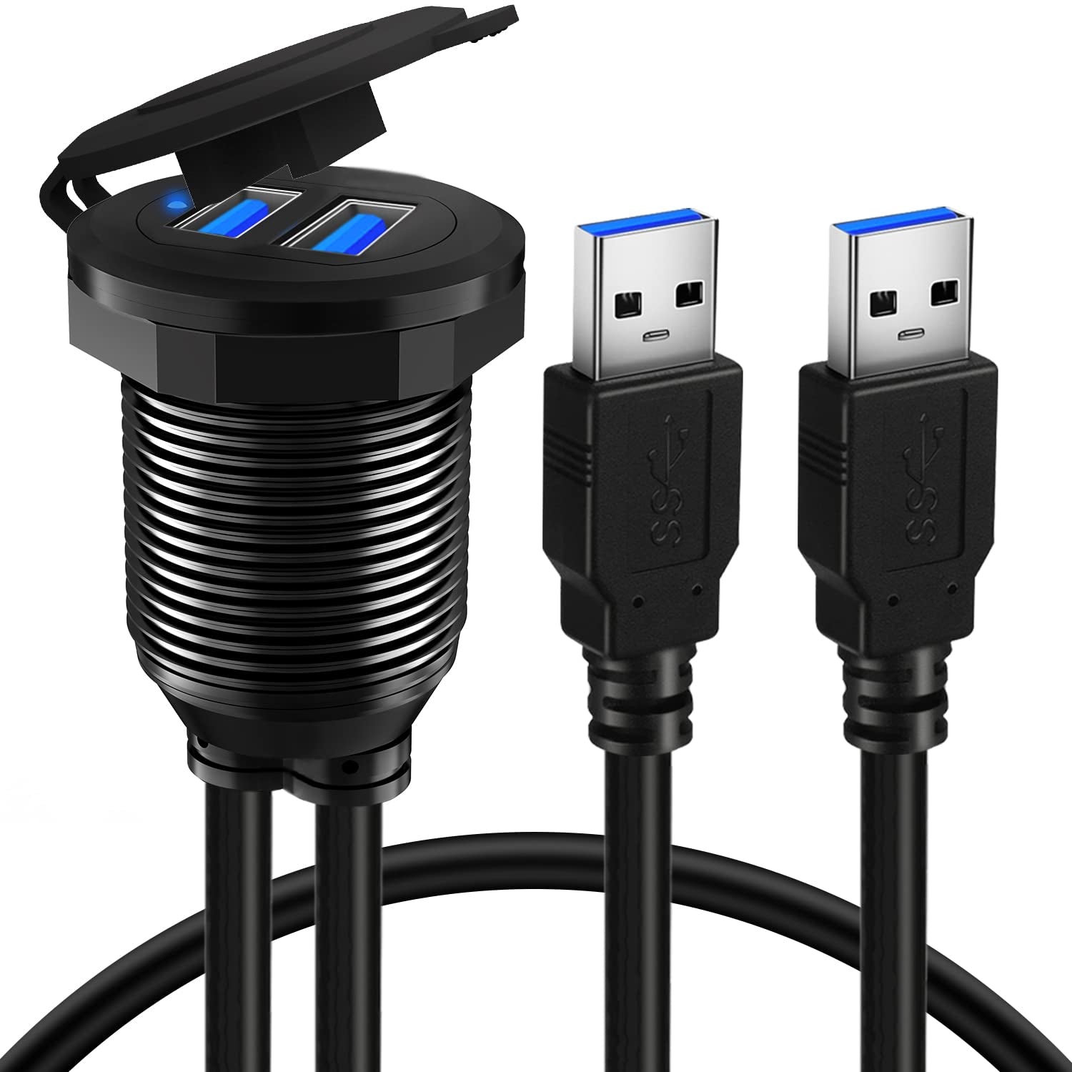 Alloy Dual Port USB 3.0 Car Dashboard Flush Mount Cable, Male to Female with LED Indicator Extension Cable for Car Truck Boat Motorcycle Dashboard Panel - 3Ft