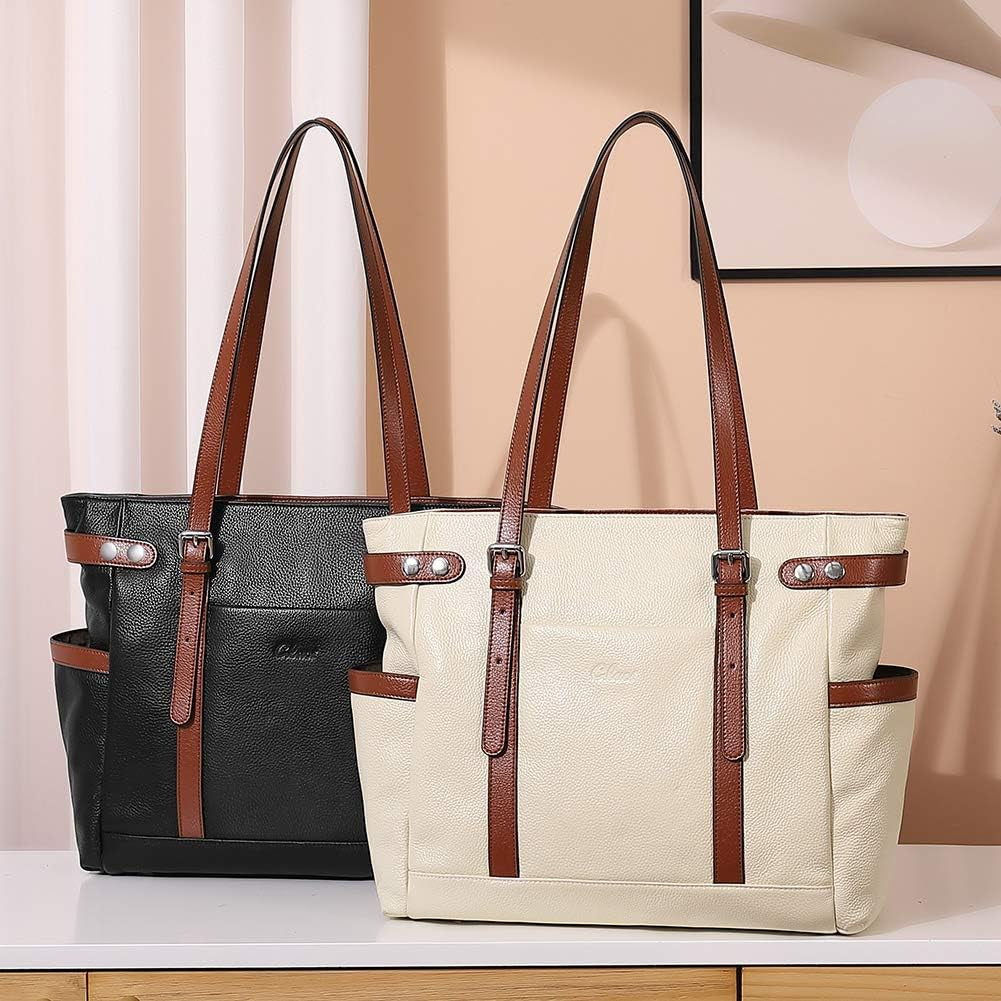 Laptop Totes for Women Genuine Leather Briefcase Large Ladies Shoulder Bag Work Handbags 15.6 Inch Black with Brown