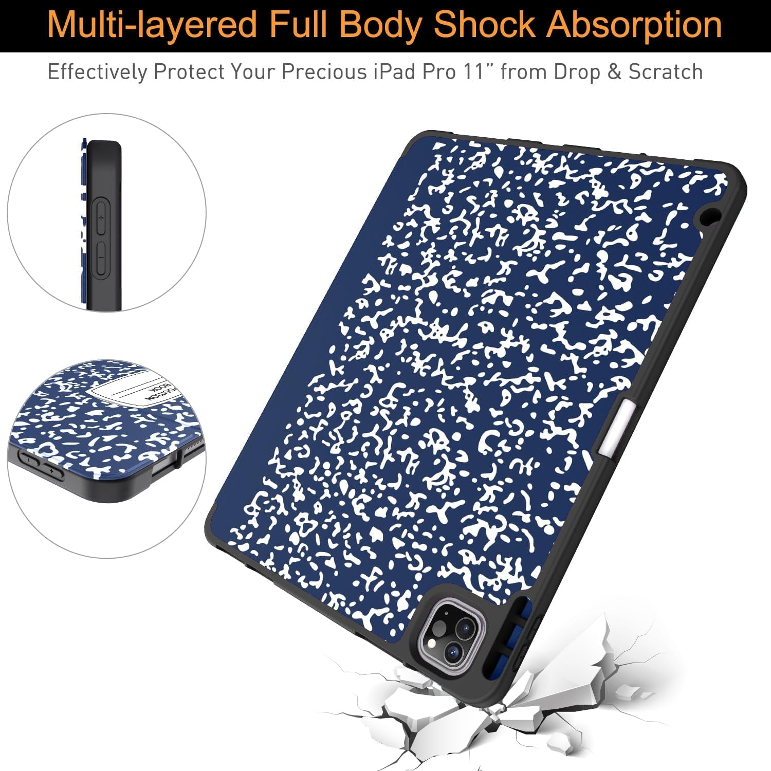 for Ipad Pro 11 Case (M2) 2022/2021/2020 with Pencil Holder - [Full Body Protection + Apple Pencil Charging + Auto Wake/Sleep], Soft TPU Back Cover for 2022 Ipad Pro 11 Inch(B-Book Navy)