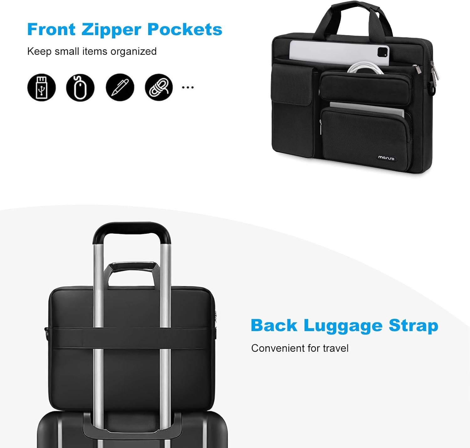 Laptop Shoulder Bag, Computer Bag with 2 Raised&1 Flapover&1 Horizontal Pocket&Handle&Belt