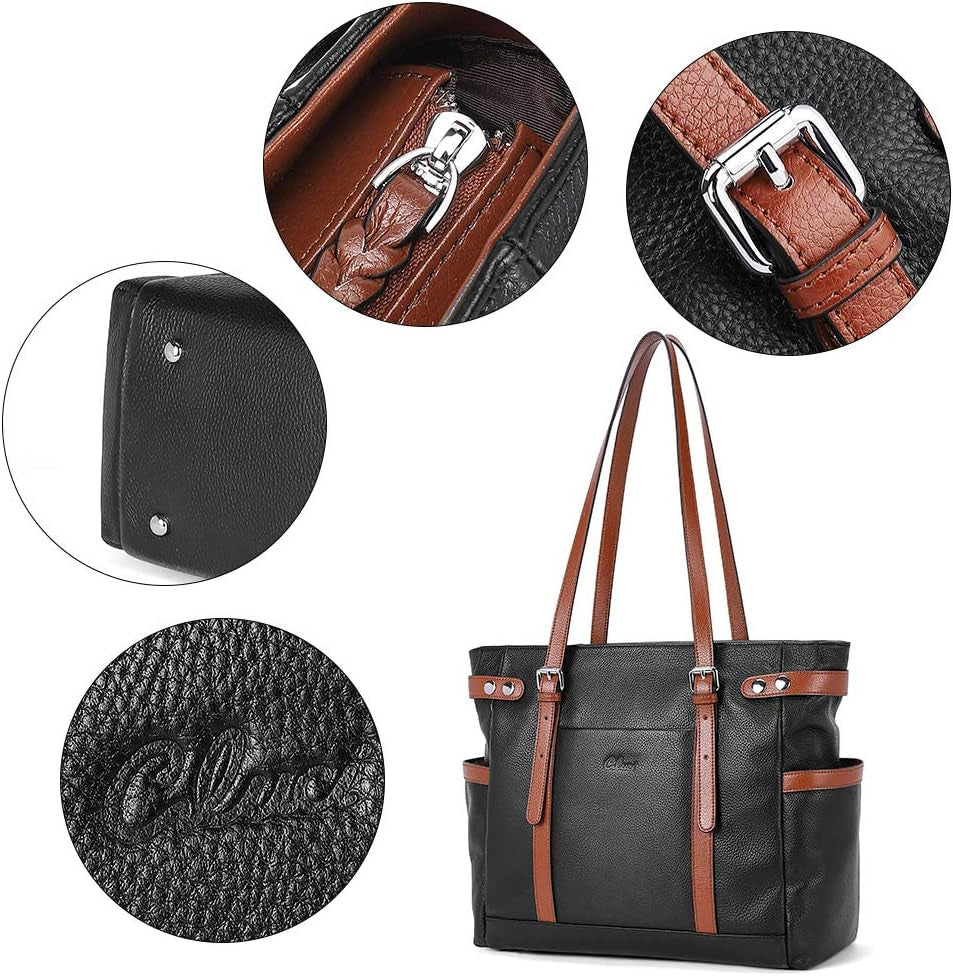 Laptop Totes for Women Genuine Leather Briefcase Large Ladies Shoulder Bag Work Handbags 15.6 Inch Black with Brown