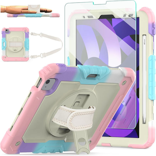 Case for Ipad Air 5Th/4Th Generation (2022/2020) 10.9-Inch, [Shockproof] Full Body Protective Case with 9H Tempered Glass Screen Protector, Rotatable Kickstand & Hand Strap (Light Pink)
