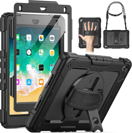 for Ipad 6Th/5Th Generation Case 9.7 Inch, Full-Body Shockproof Heavy Duty Protective Case with Screen Protector, Rotating Stand/Hand/Shoulder Strap for Ipad Air 2/ Pro 9.7, Black