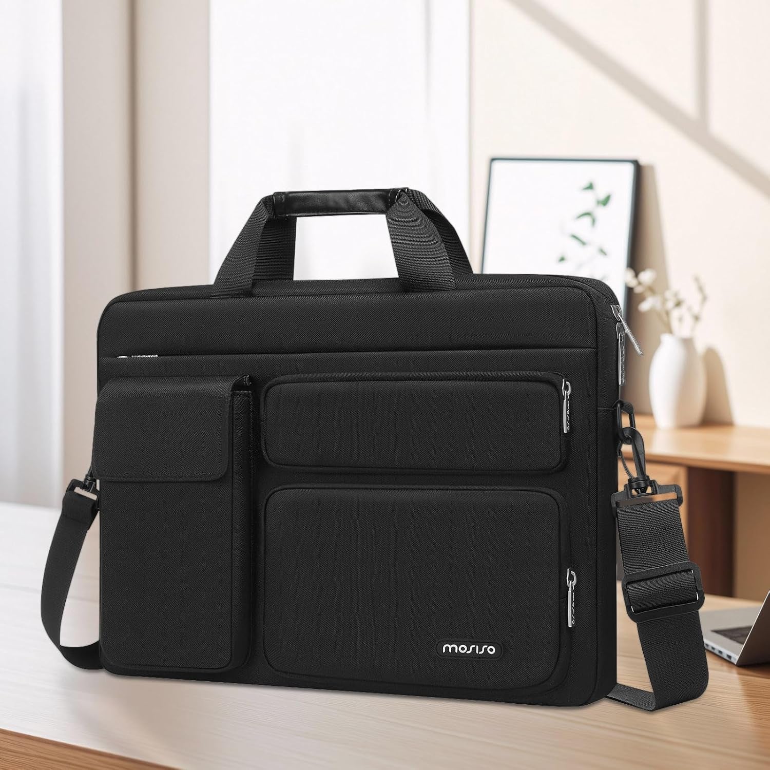 Laptop Shoulder Bag, Computer Bag with 2 Raised&1 Flapover&1 Horizontal Pocket&Handle&Belt