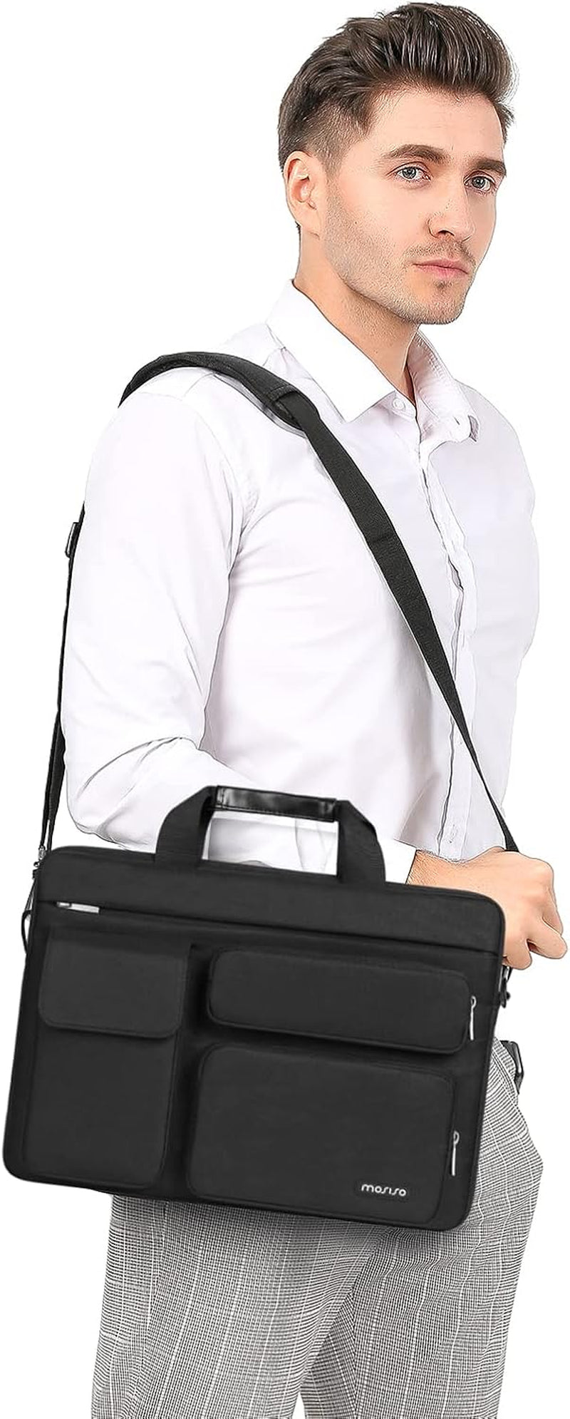 Laptop Shoulder Bag, Computer Bag with 2 Raised&1 Flapover&1 Horizontal Pocket&Handle&Belt