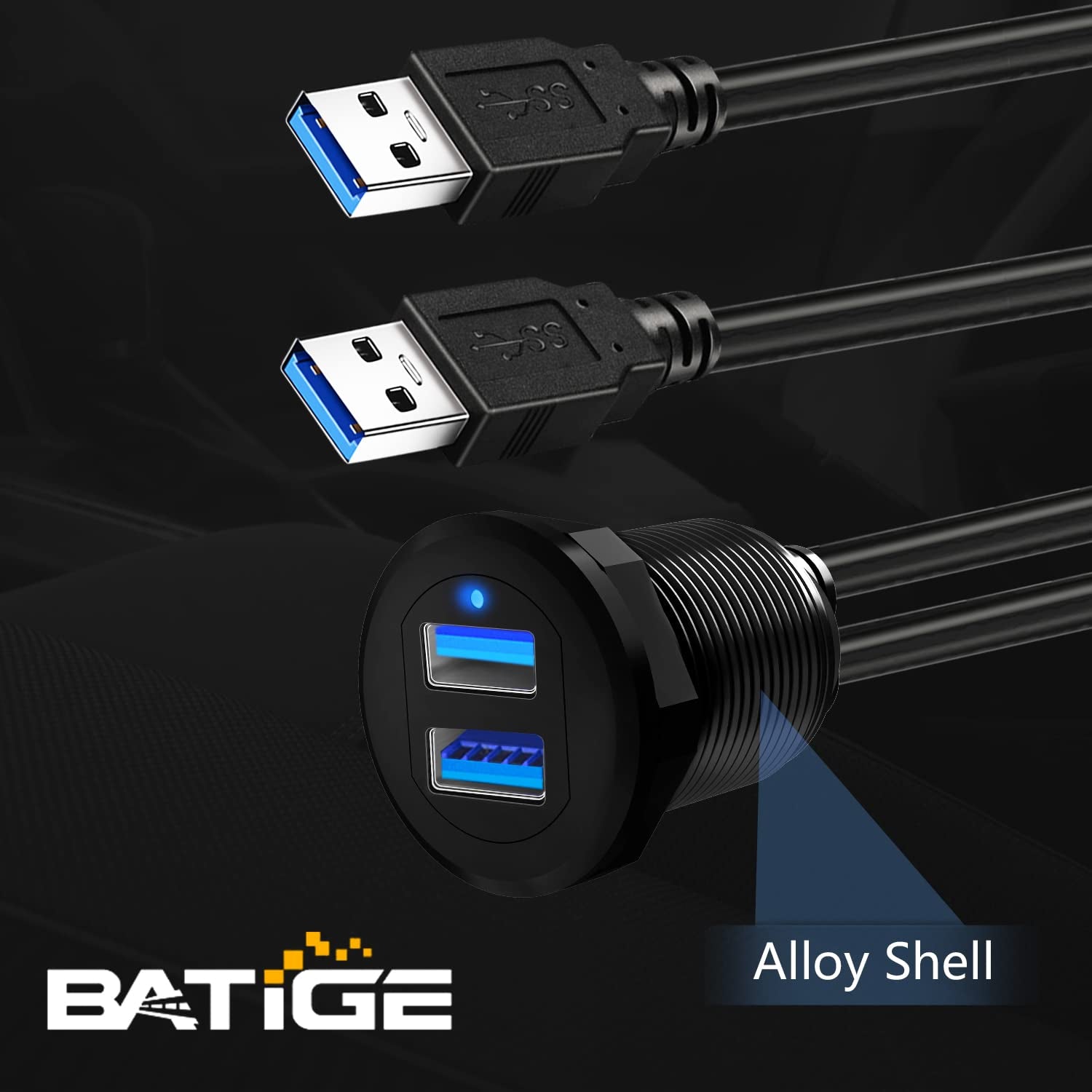Alloy Dual Port USB 3.0 Car Dashboard Flush Mount Cable, Male to Female with LED Indicator Extension Cable for Car Truck Boat Motorcycle Dashboard Panel - 3Ft