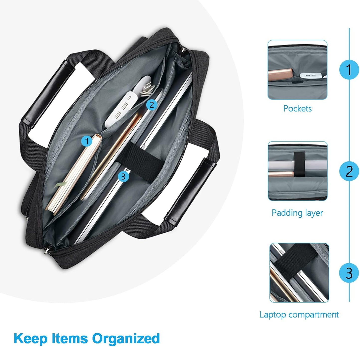 Laptop Shoulder Bag, Computer Bag with 2 Raised&1 Flapover&1 Horizontal Pocket&Handle&Belt
