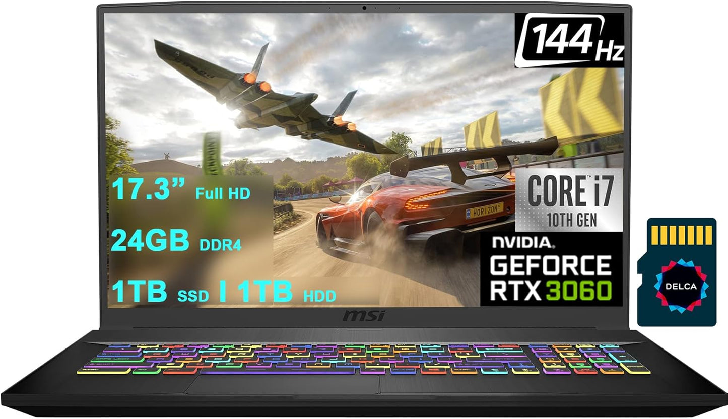 GF75 Thin 17 Premium Gaming Laptop I 17.3 Inch Full HD IPS 144Hz I Intel 6-Core I7-10750H I 24GB DDR4 1TB SSD + 1TB HDD I Geforce RTX 3060 6GB I USB-C Backlit Win10 + 32GB Microsd Card