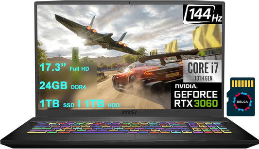 GF75 Thin 17 Premium Gaming Laptop I 17.3 Inch Full HD IPS 144Hz I Intel 6-Core I7-10750H I 24GB DDR4 1TB SSD + 1TB HDD I Geforce RTX 3060 6GB I USB-C Backlit Win10 + 32GB Microsd Card
