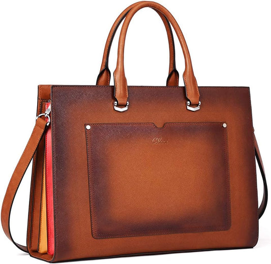 Leather Briefcase for Women Laptop 15.6 Inch Professional Business Work Ladies Computer Handbag Shoulder Bag Two-Toned Brown