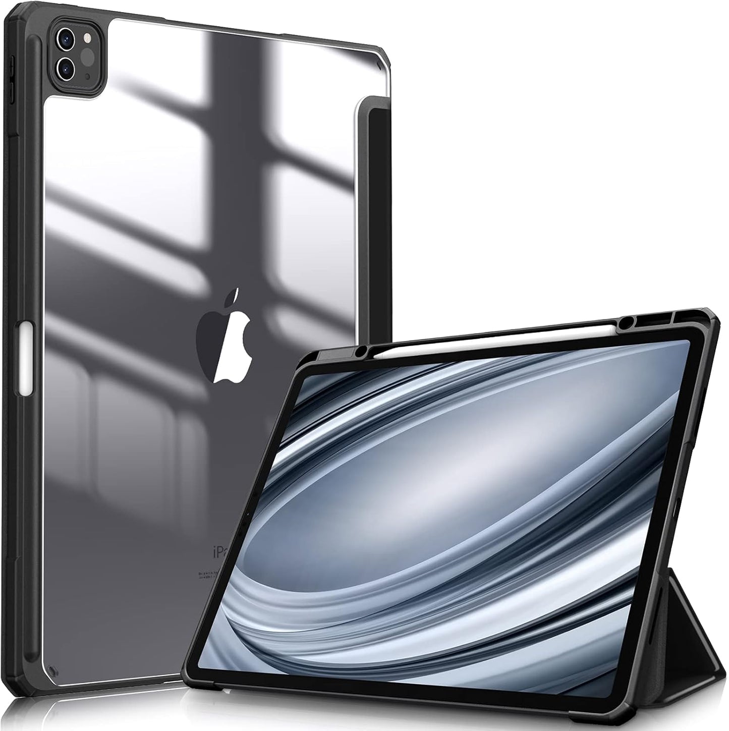 Hybrid Slim Case for Ipad Pro 12.9-Inch 6Th Generation 2022, [Built-In Pencil Holder] Shockproof Cover W/Clear Transparent Back Shell, Also Fit Ipad Pro 12.9" 5Th/4Th/3Rd Gen, Black