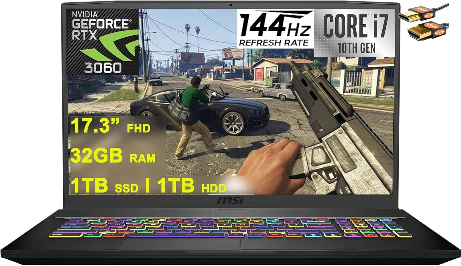 GF75 Thin 17 Gaming Laptop 17.3” FHD IPS 144Hz 10Th Gen Intel Hexa-Core I7-10750H 32GB RAM 1TB SSD + 1TB HDD Geforce RTX 3060 6GB USB-C Backlit Nahimic Win10 Black + HDMI Cable