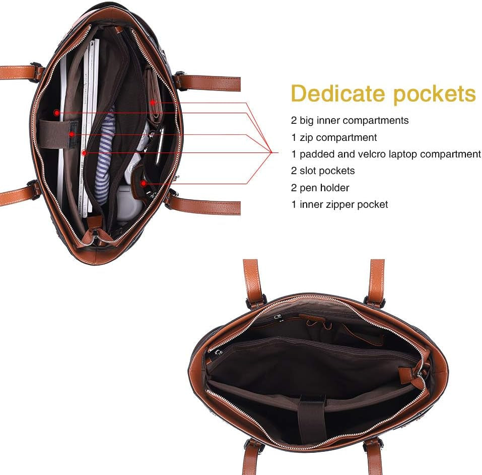 Laptop Totes for Women Genuine Leather Briefcase Large Ladies Shoulder Bag Work Handbags 15.6 Inch Black with Brown