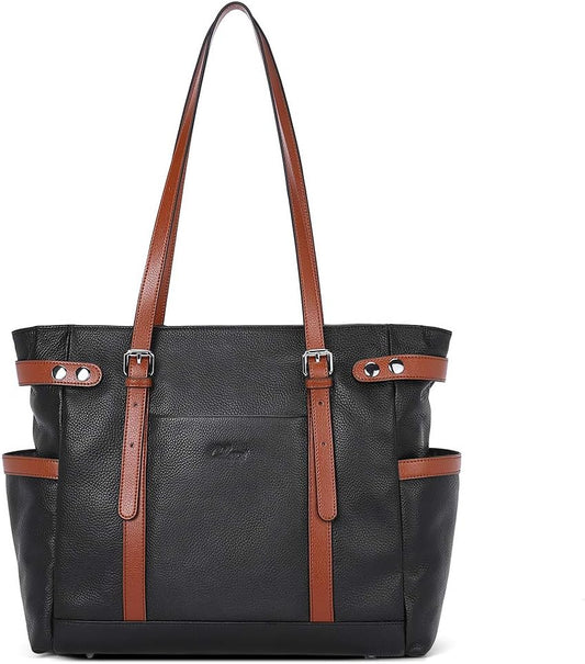 Laptop Totes for Women Genuine Leather Briefcase Large Ladies Shoulder Bag Work Handbags 15.6 Inch Black with Brown