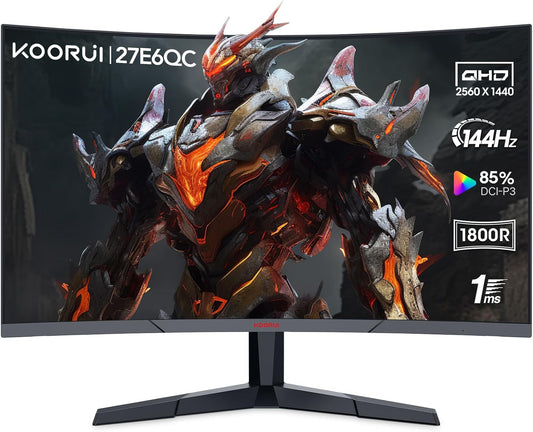 Gaming Monitor, QHD 2560P Computer Monitor, 144Hz 27 Inch Monitor (1Ms, 1800R Curved VA Panel, DP1.2+HDMI*2, Adaptivesync, Narrow Bezel with Ultra-Thin), Tilt Adjustable,Eye Care