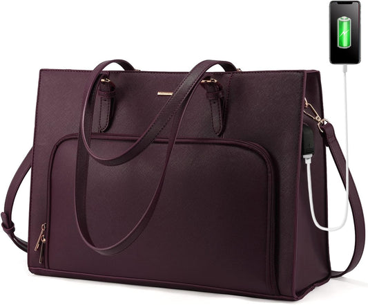 Laptop Bag for Women 15.6 Inch Waterproof Work Tote Bag Briefcase with USB Charging Port PU Leather Computer Handbag Shoulder Bag Large Professional Teacher Bag for Travel Business School