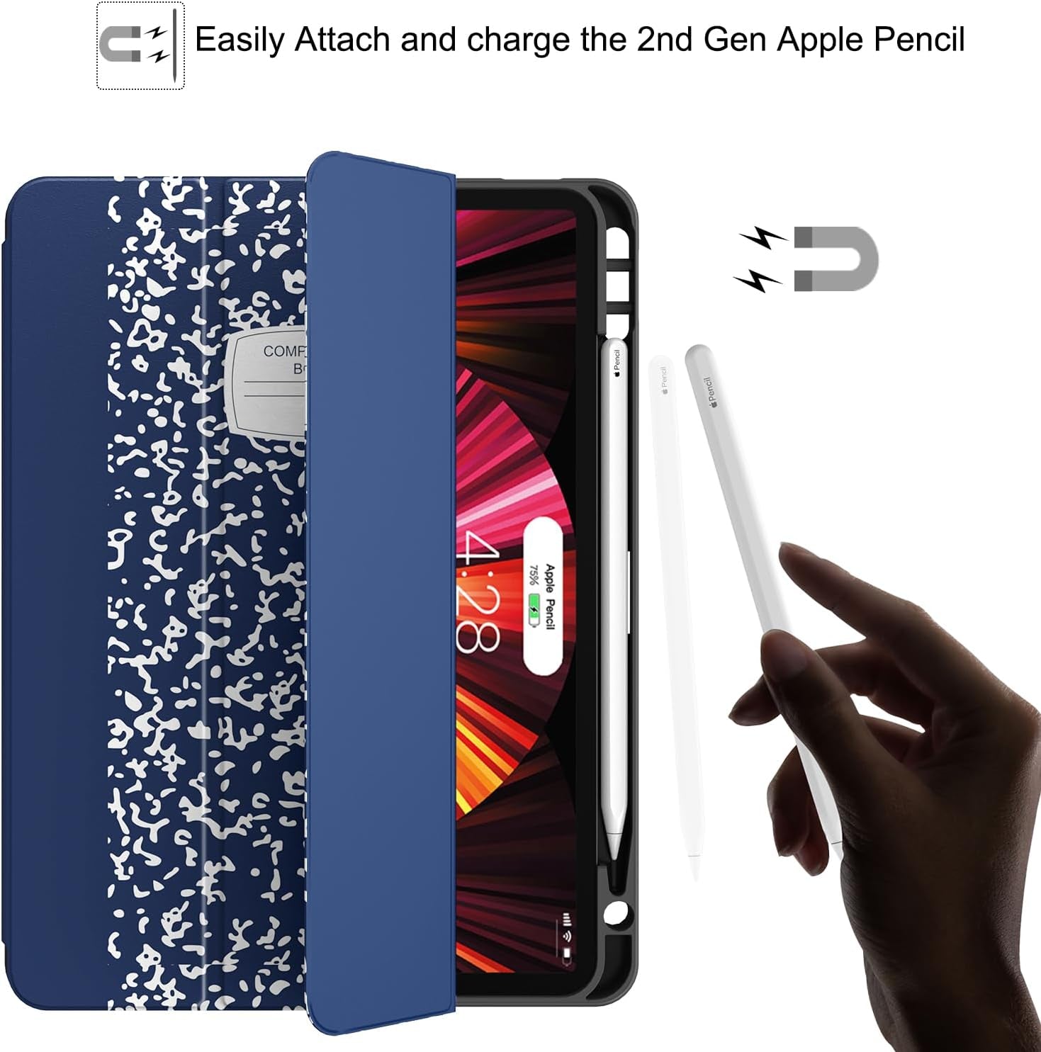for Ipad Pro 11 Case (M2) 2022/2021/2020 with Pencil Holder - [Full Body Protection + Apple Pencil Charging + Auto Wake/Sleep], Soft TPU Back Cover for 2022 Ipad Pro 11 Inch(B-Book Navy)