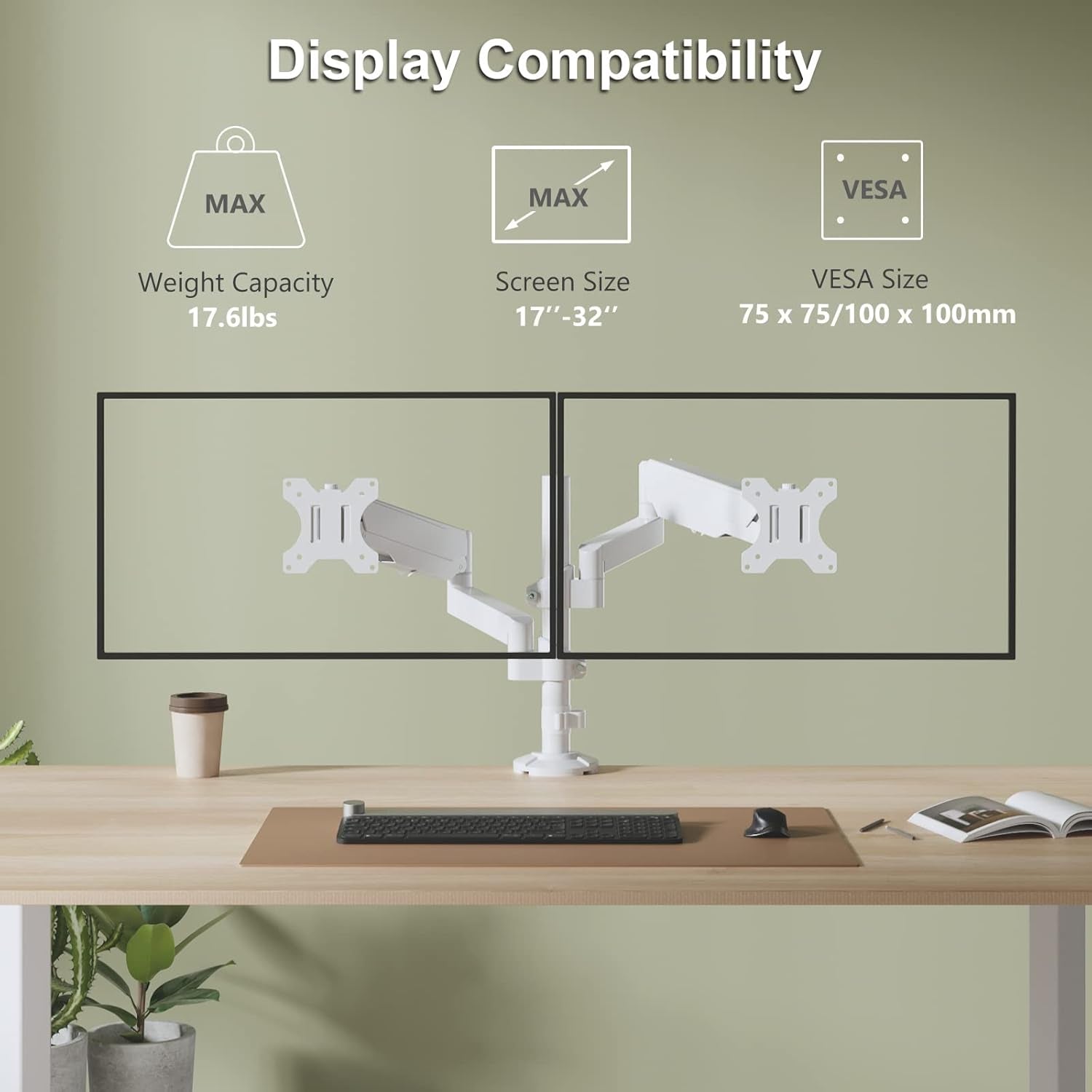 Dual Monitor Mount, Adjustable Gas Spring Arms Desk Mount for 2 Monitors up to 32 Inch, 17.6Lbs Weight Capacity, Mounting Holes 75 X 75Mm or 100 X 100Mm (GSDM002W), White